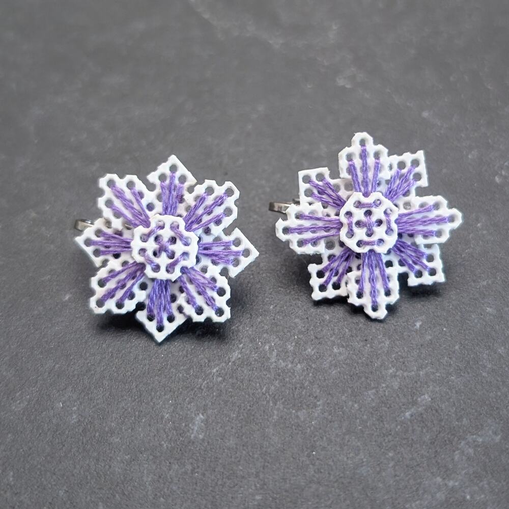 Vintage Clip On Earrings White & Purple 1" Plastic Canvas Embroidered Snowflake